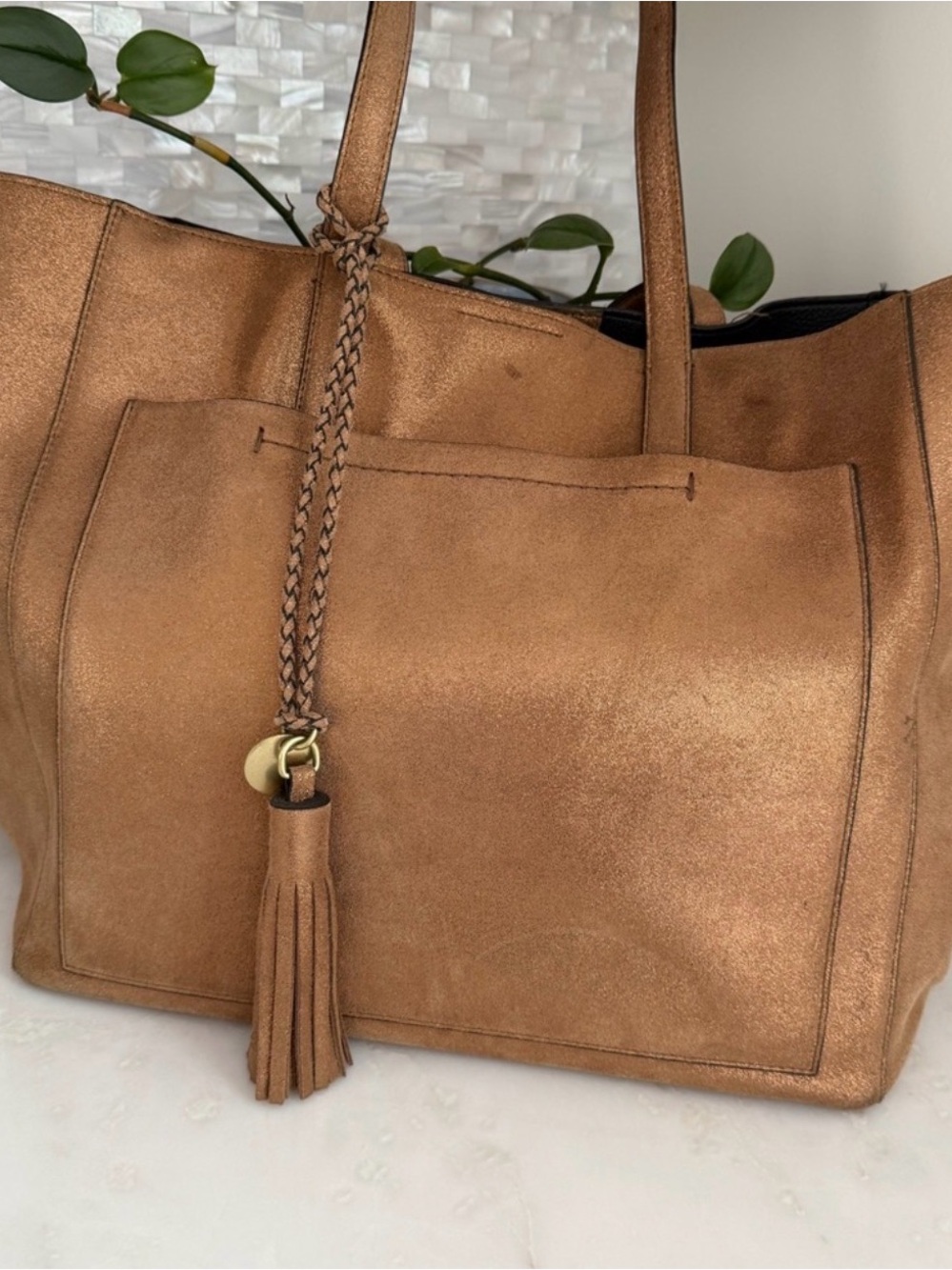 Cole Haan Metallic Tan Suede Tote with Braided Tassel